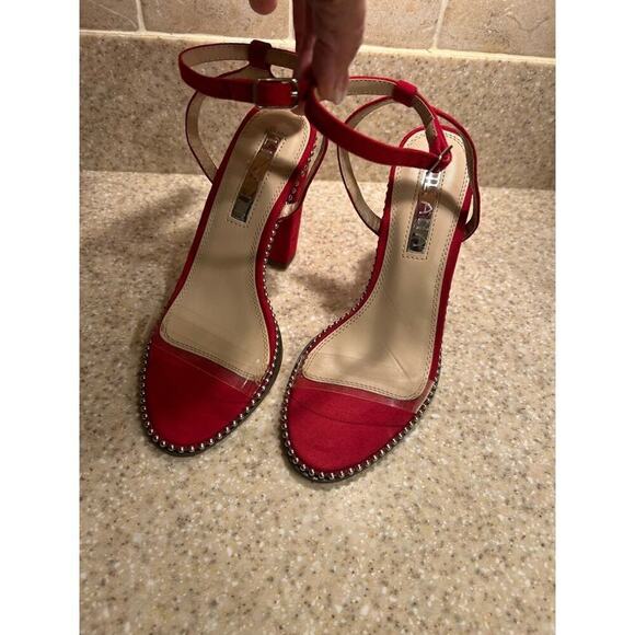 Liliana Red suede 4.5 inch heel clear toe strap gold accents Size 7 - Picture 2 of 10